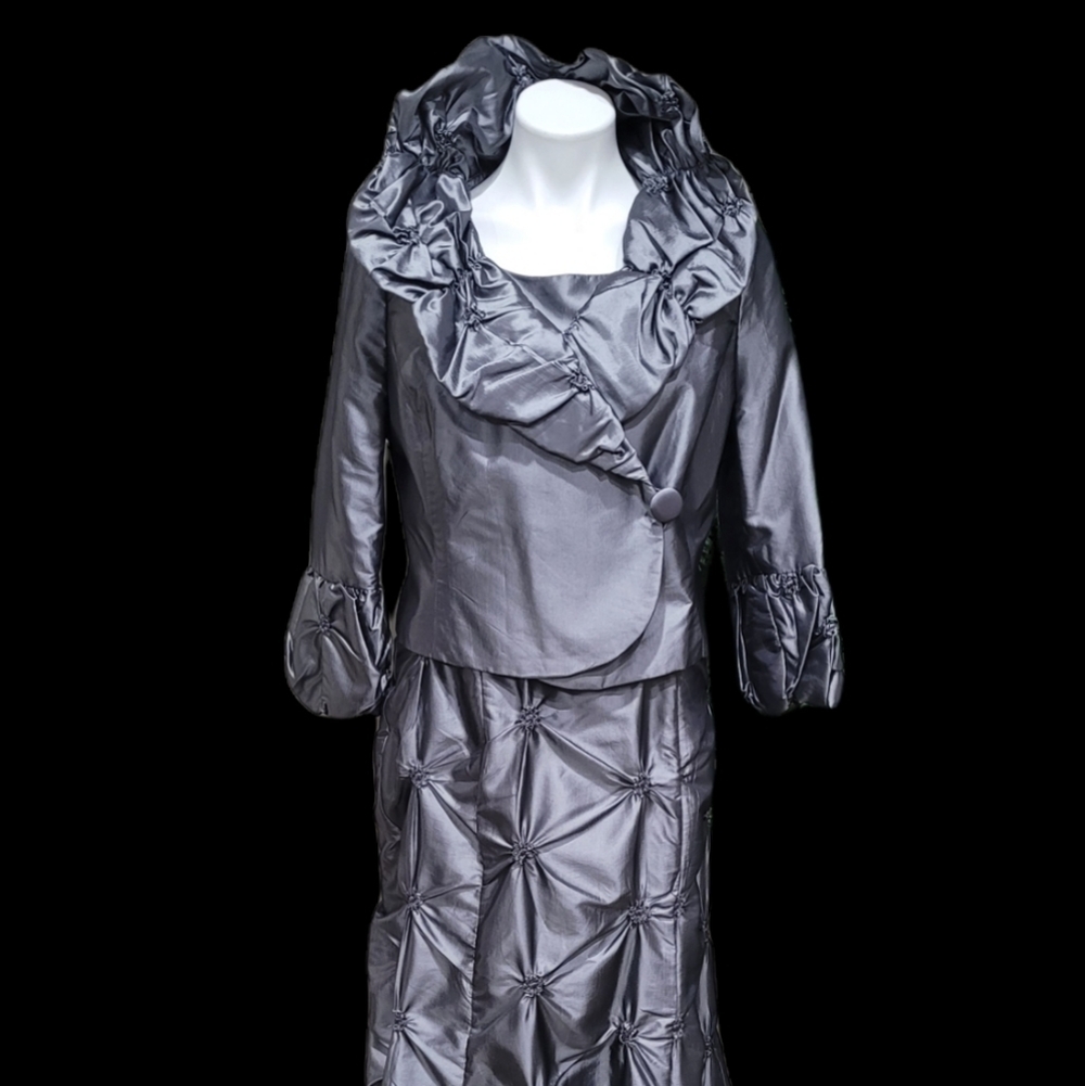 Nubiano Silver Gray Elegant 2-Piece Dress Suit Set Sz 8 Textured Midi Skirt - Picture 4 of 15